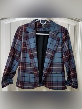EUC WOMEN SMALL MEDIUM (bust 36”) AQUA PLAID BLAZER JACKET MULTICOLOR
